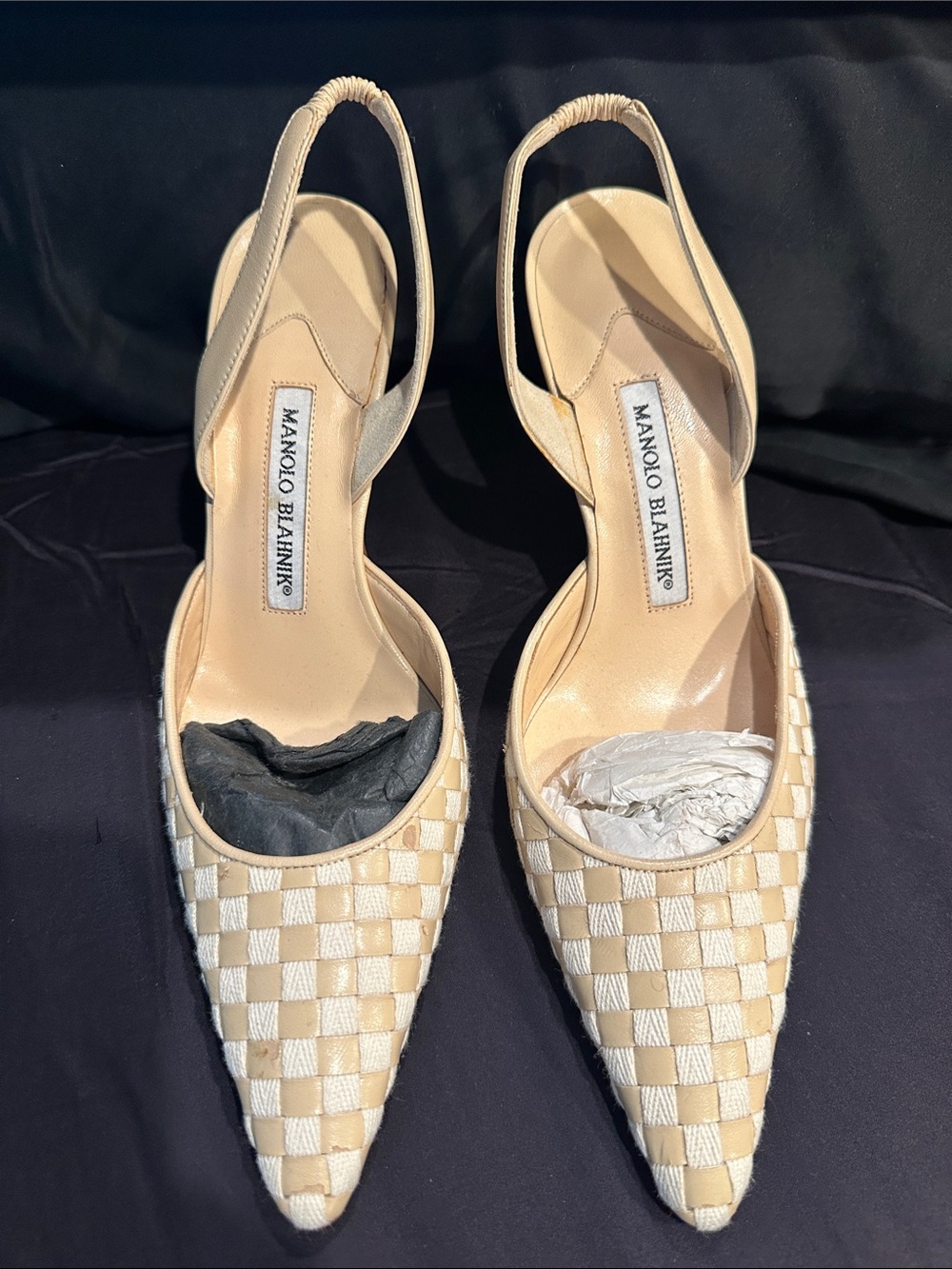 Manolo Blahnik Cream Woven Slingback Pumps - Pointed Toe